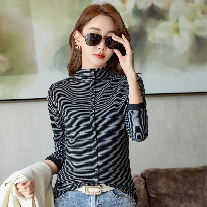Women Striped Stand Collar Long Sleeve Top Thick Warm Button Front Micro Stretch Blouse Dual Wear Inner Outer Autumn Winter