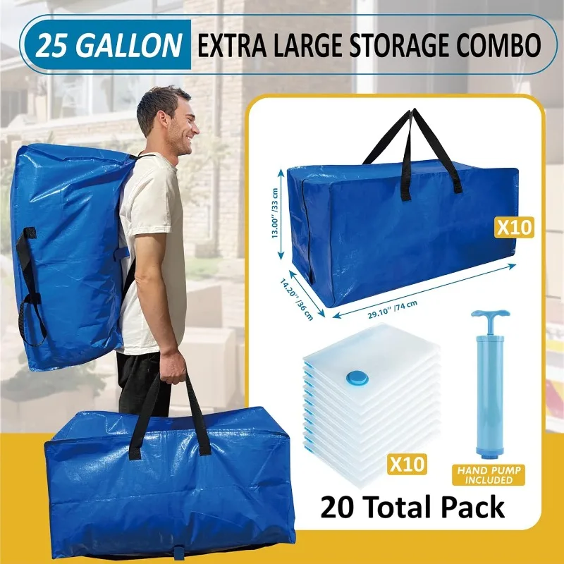 Duty Extra Large Moving Bags with Backpack Straps & Vacuum Storage Supply Combo, Totes Handles Zippers for Space Saving