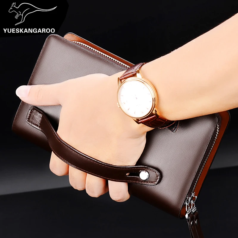 KANGAROO Brand Men Clutch Bag Fashion Leather Long Purse Double Zipper Business Wallet Black Brown Male Casual Handy Bag