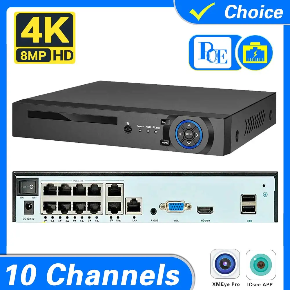 

CCTV 10CH POE NVR Face Detection Home Surveillance 4K 8MP 8CH IP Network IVR Audio Video Recorder Security Camera System XMeye