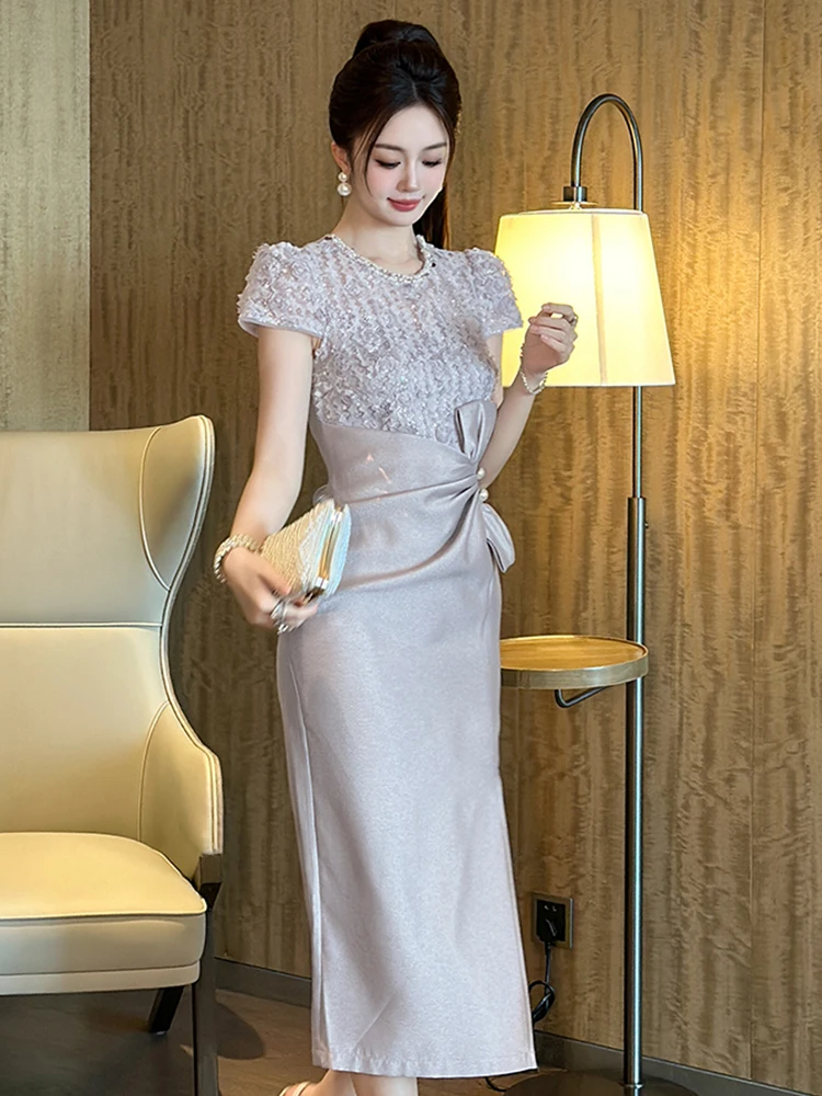 Robe de Banquet française pour femmes, douce, célébrité, dentelle transparente, diamants, paillettes, Robe de bal, nœud pliable, Corset, robes de soirée