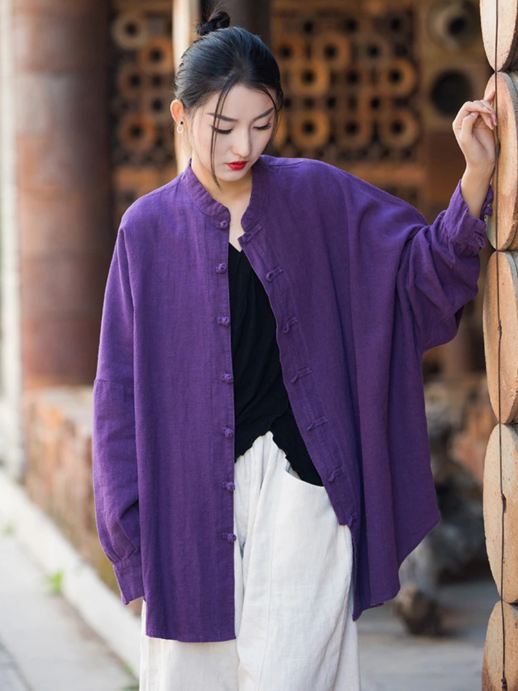 LANMREM Cotton Linen Coat For Women Stand Collar Long Sleeves Single Breasted Loose Tops 2024 Summer Autumn New 2Z2135