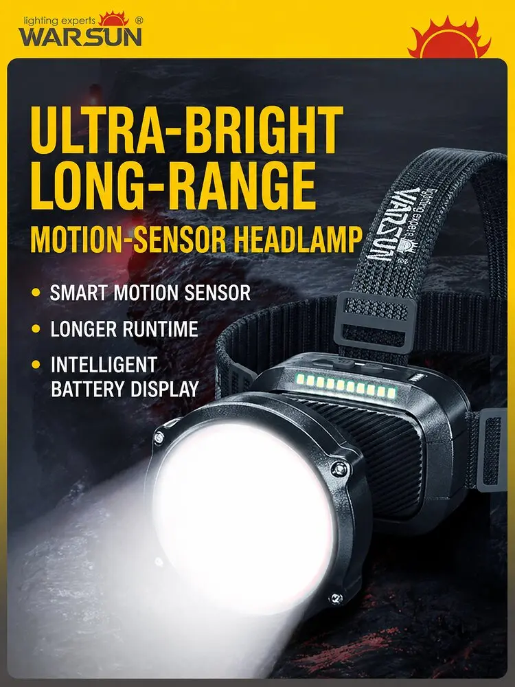 WARSUN MF01 Rechargeable Sensor Headlamp, Ultra-Bright Long-Runtime LED Head Torch for Night Fishing, Camping and Outdoor Use