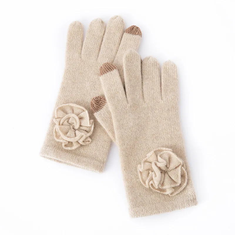 Women's Cashmere Gloves 2023 Autumn/Winter New Five-Finger Touch Screen Hand-Woven Rose Windproof Finger Woven Gloves