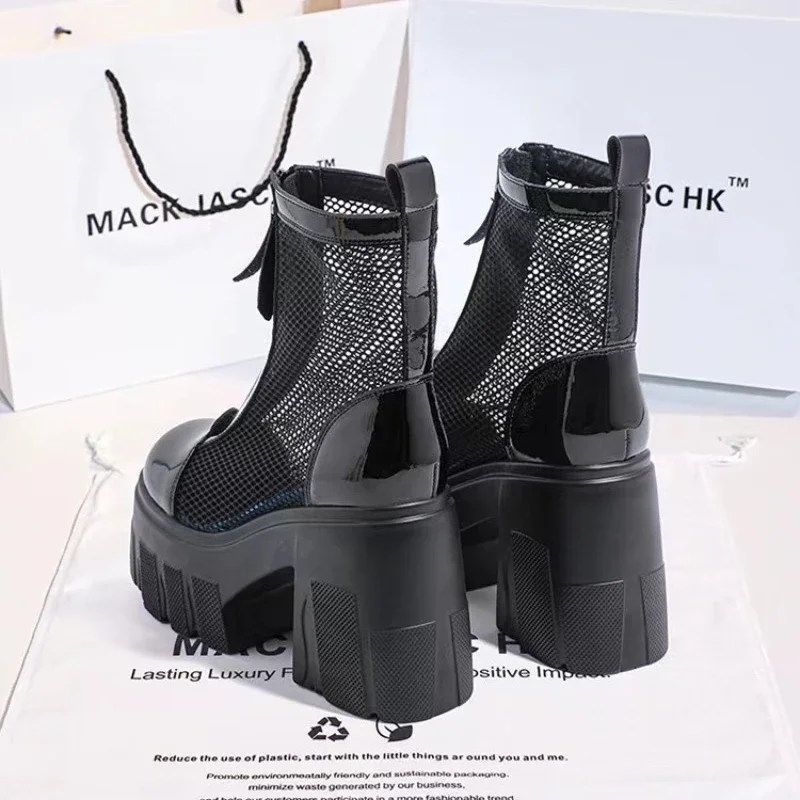 Black Gothic Style Platform Ankle Boots for Women Thick Bottom Breathable Summer Boots Woman 2024 Punk Chunky High Heels Booties