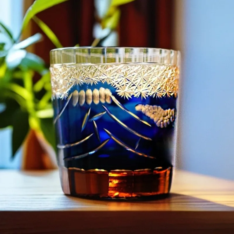 Japanese Edo Whisky Cup Transparent Fuji Mountain Cups HandCuting Luxury Glass Cup 285ml Retro Bar Drinkware with Gift Box