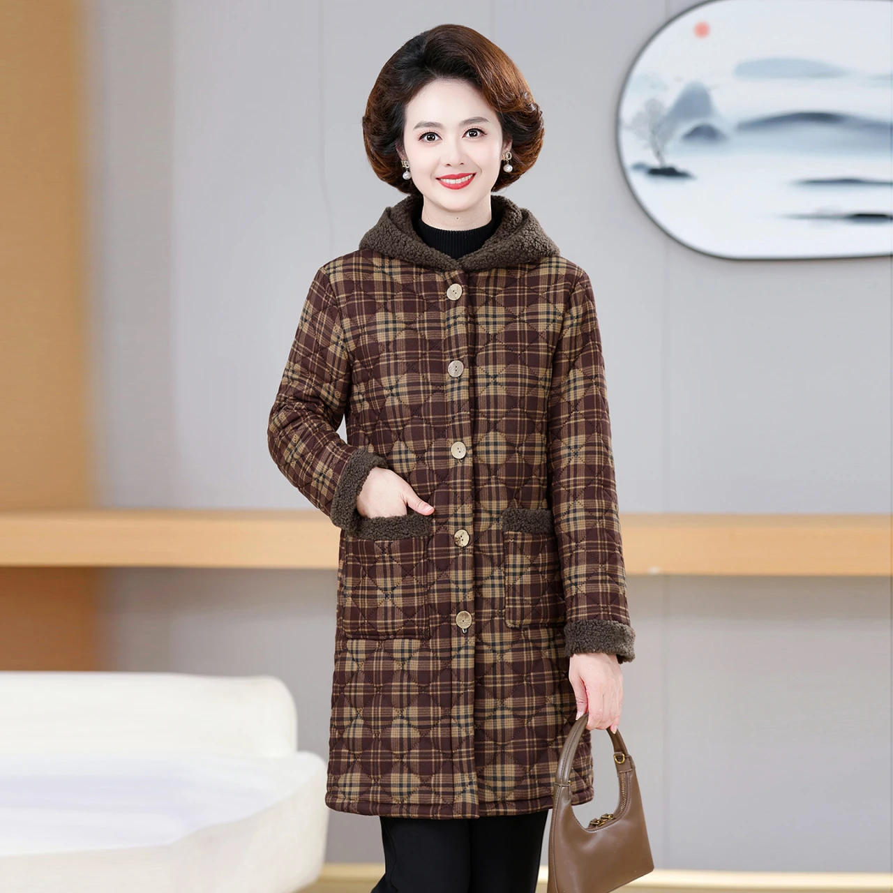 حجم كبير Fce اصطف منتصف طول Jaet المرأة الدفء الرجعية Sle تخفيف طويل Sve ملابس خارجية الخريف الشتاء فضفاضة تناسب