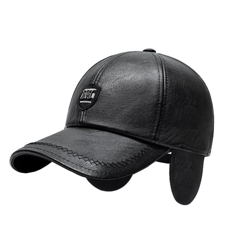 Hat Men's Autumn and Winter Leather Hat Ear Fleece Lined Padded Warm Keeping Baseball Cap Back Sealing Elastic