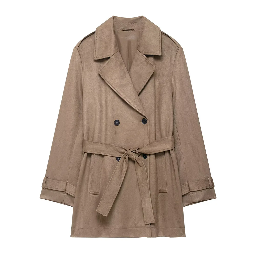 

женский свободный плащ в стиле ретро с поясом и лацканами, двубортное однотонное пальто средней длины с длинными рукавами, новое осеннее пальто