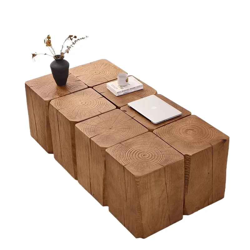 

Log pier, square solid wood coffee table, wabi-sabi wind old root carving stool, retro B & B hotel bedside table