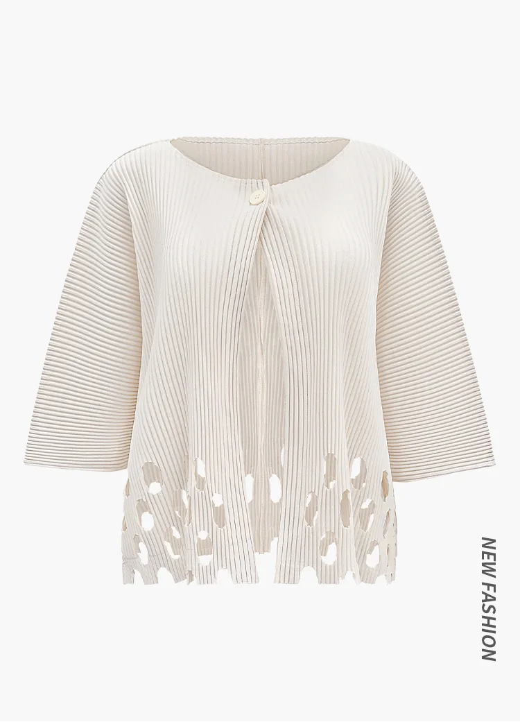 Miyake Plissierter Damen-Cardigan mit Ausschnitten, Einzelknopf, 3/4-Ärmel, Leicht, Locker, Einfarbig, Lässig, Sommer, Damen-Oberbekleidung – Detail 4