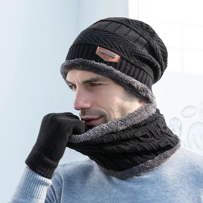 popular-knitted-wool-hats-scarf-gloves-three-piece-winter-warm-suit-wholesale-adult-black