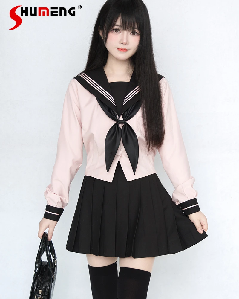 

High School Sweetheart Jk Sailor Suit 2024 Spring new College Style Hot Girl Long Sleeve Black and Pink Shirt Black Skirt Female