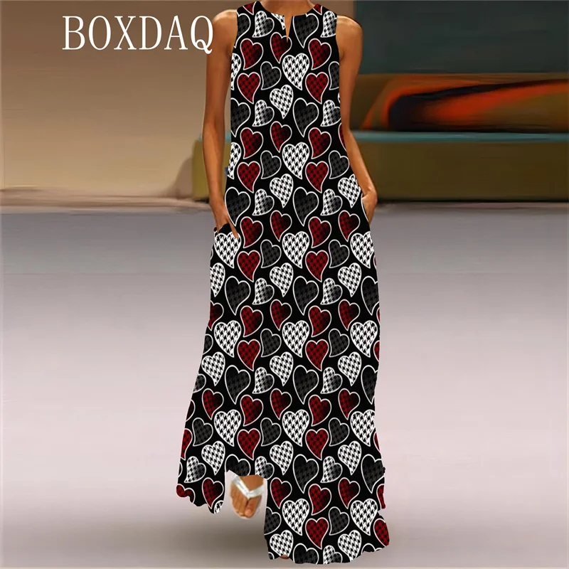 2025 Spring Summer New Long Dress For Womens 3D Love Heart Pattern Print Dress Valentine\'s Day Style Party Sleeveless Maxi Dress