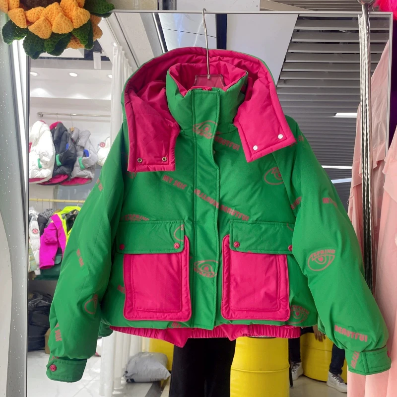 Chaqueta de plumón con capucha para mujer, abrigo cálido con estampado de letras y colisión de colores, parka informal, nueva tendencia, invierno,