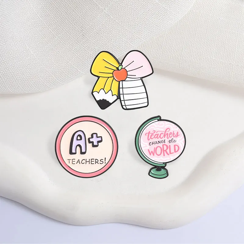 Cute Teacher Themed Enamel Pins Globe Pencil A+ Metal Brooches Fashion Lapel Badge Backpack Clothes Jewelry Gift for Friends