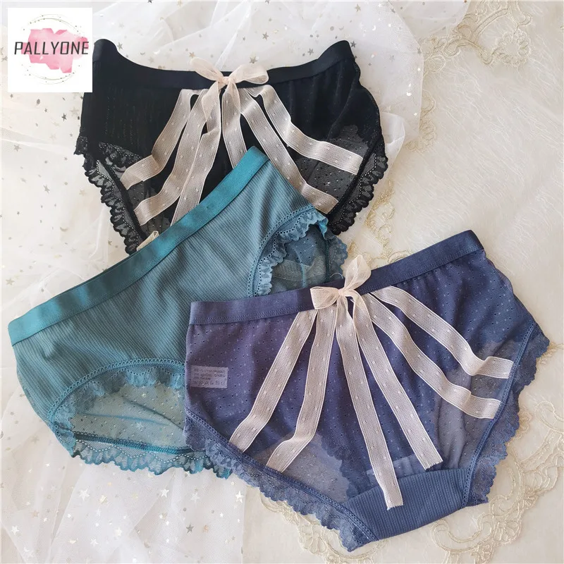 3pcs/lot Big Bow Cute Women's Panties Sexy Mesh Seduction Low Waist Underwear Girl Cotton Soft Lady Lingerie 8 Color