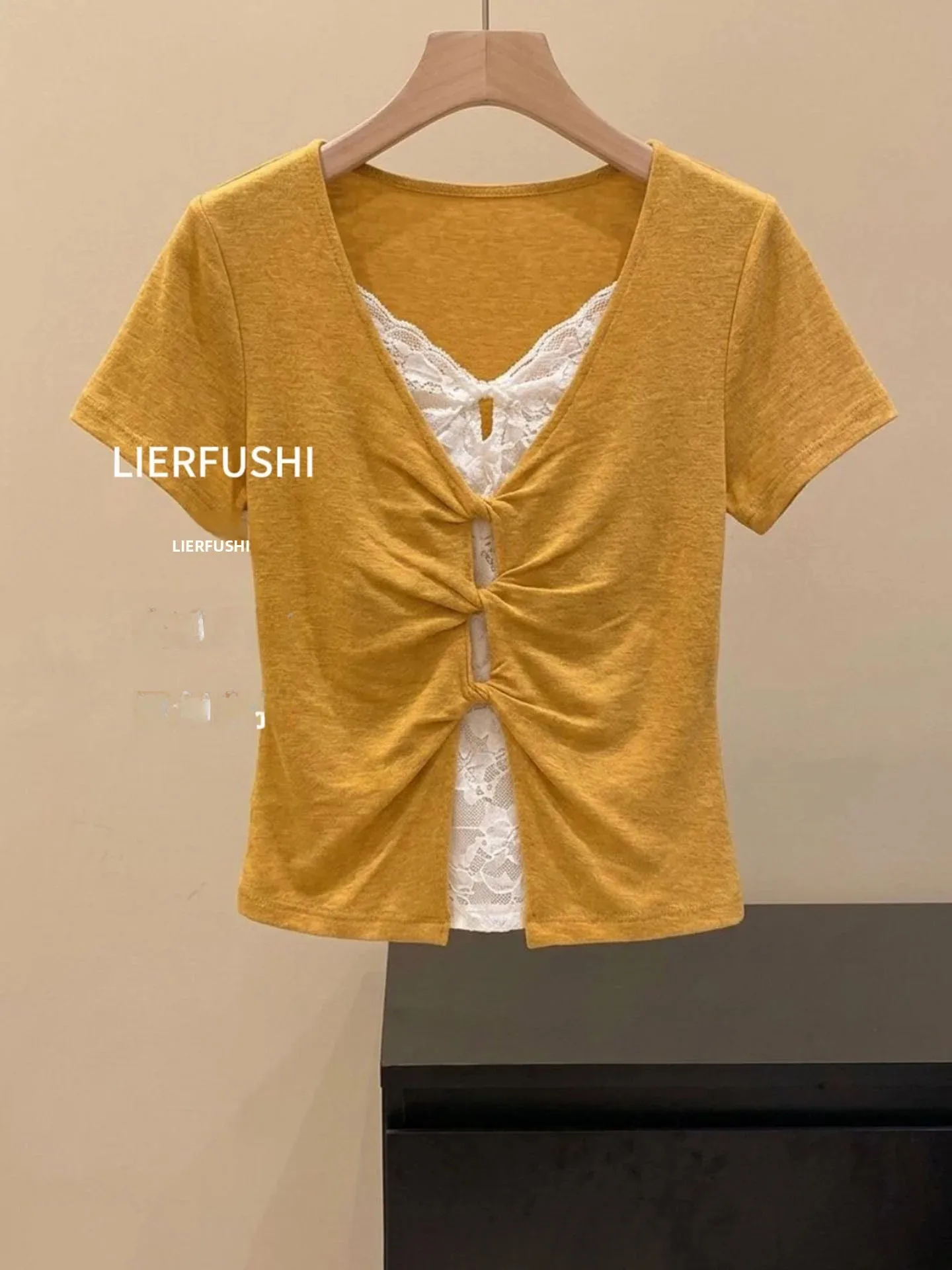 Korean Style Lace Hollow out V-Neck Short Sleeve T-Shirt Women's Summer Design Slimming Versatile Shoulder Level Top