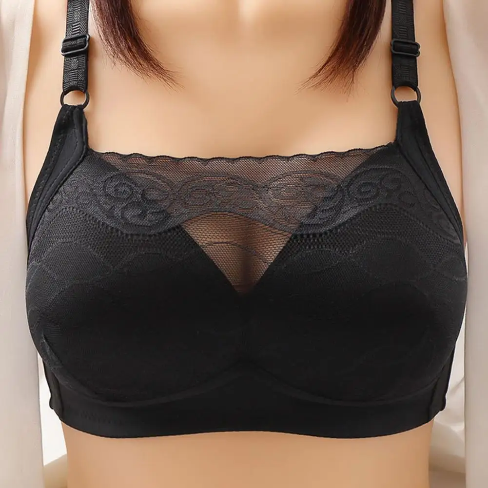 Mid-aged Women Bandeau Lace Stitching Bra Push-up Seamless Adjustable Shoulder Straps Solid Color Wireless Sexy Brassiere