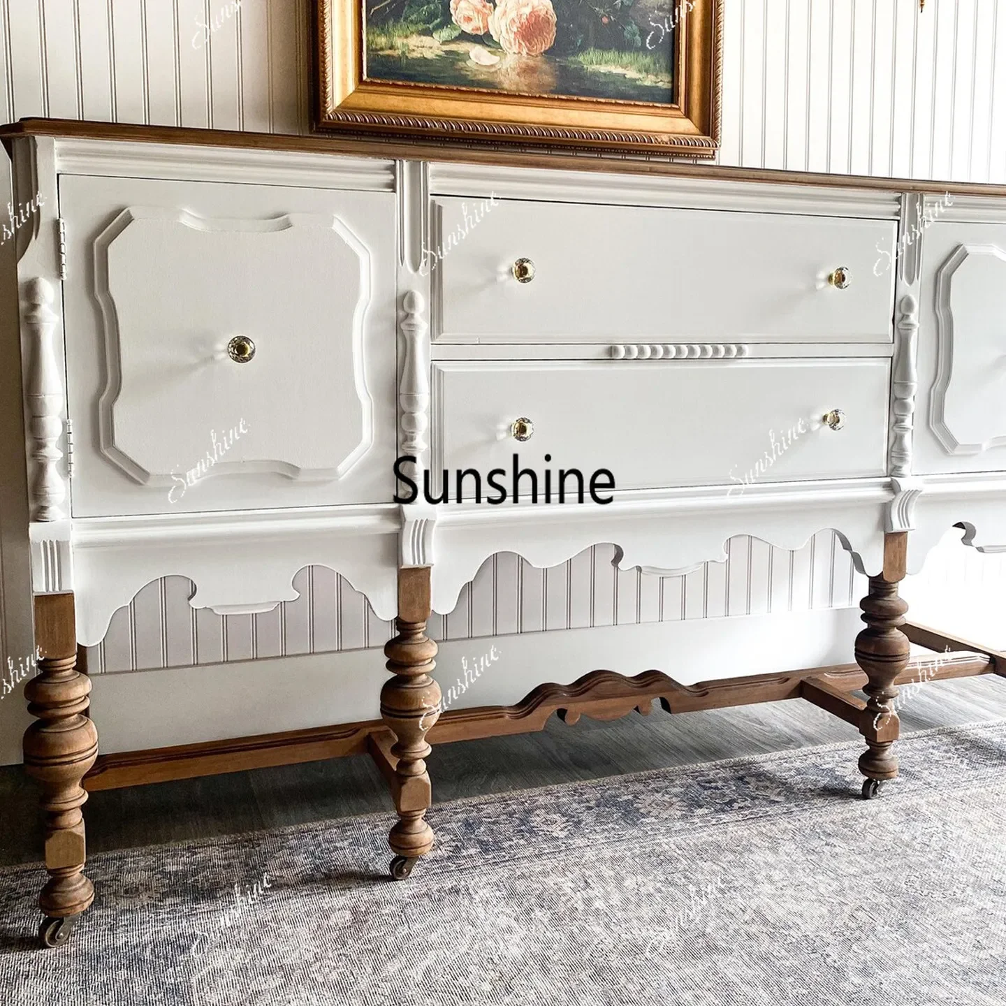 American light luxury solid wood dining side cabinet cream wind carved decorative locker