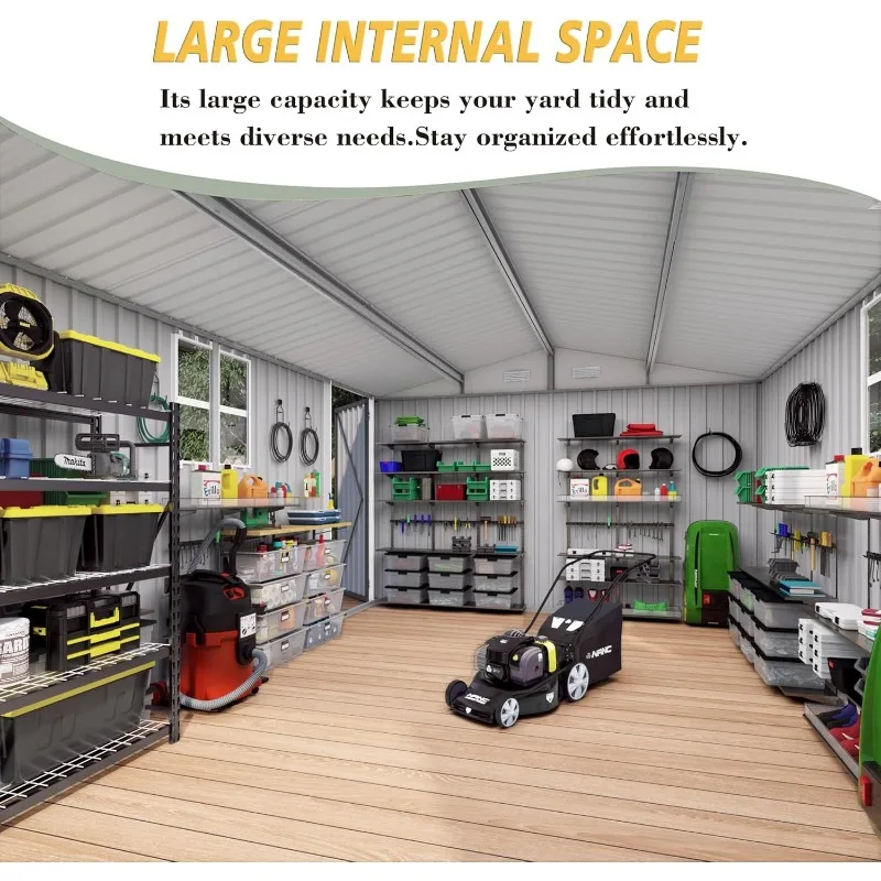 سقيفة حديقة من الفولاذ المجلفن قابلة للقفل، تخزين خارجي مقاوم للماء مقاس 10 × 14 للأدوات والحديقة والفناء (رمادي)