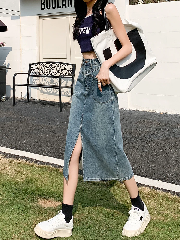 High Waist A-Line Midi Denim Skirt for Women Summer New Sle High Street Sle ature Skirts Commute Korean Sle