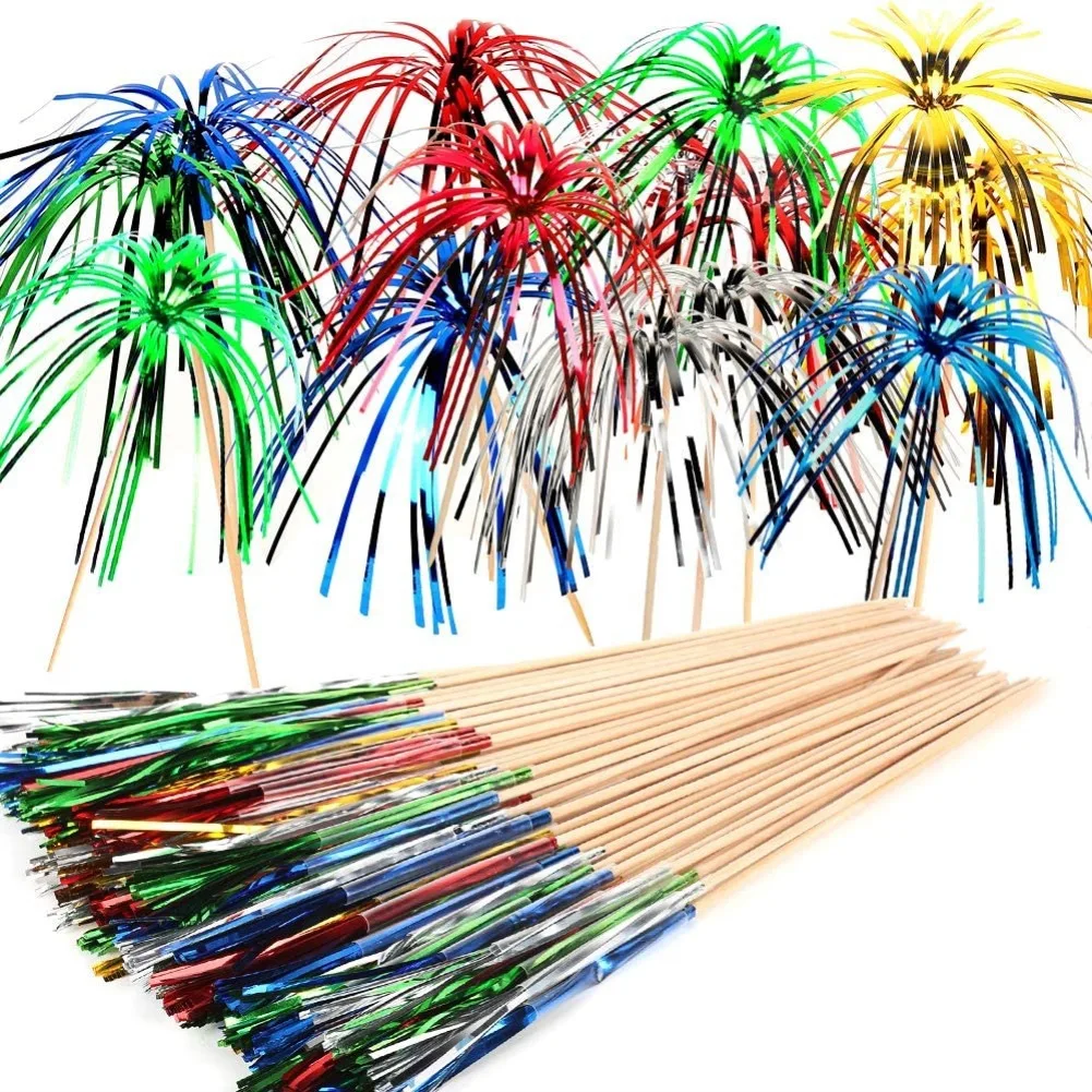 50 stücke Bunte Quaste Feuerwerk Kuchen Topper Einweg Obst Dessert Sticks Cocktail Holz Spieß Hochzeit Geburtstag Tisch Dekore