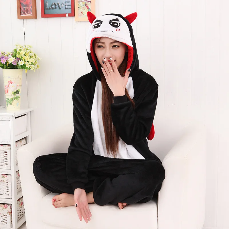 Black Evil Hooded Flannel One-piece pajamas Cartoon Button Onesie Couple Sleepwear Leisure wear Women Men Halloween Cosplay