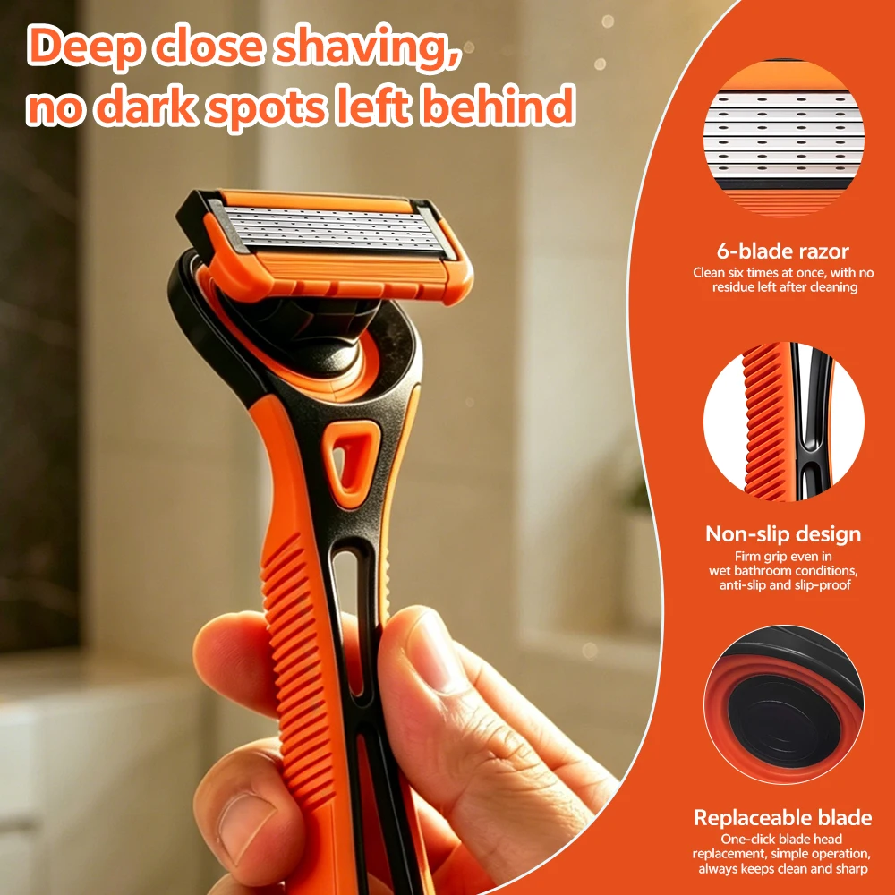 6-Blade Razor Refills for Men/Women with Handle, Replacement Cartridges with Lubricating Strip, for Legs Underarms Bikini