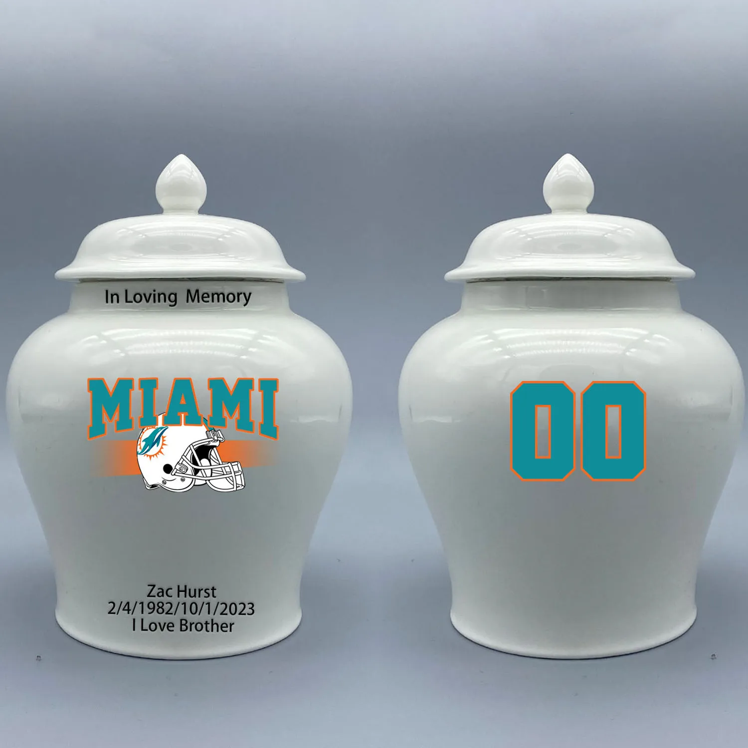 

Medium Urn for Miami Dolphins-themed Logo Urn.Please send me the customize information-name/date and number on the urn