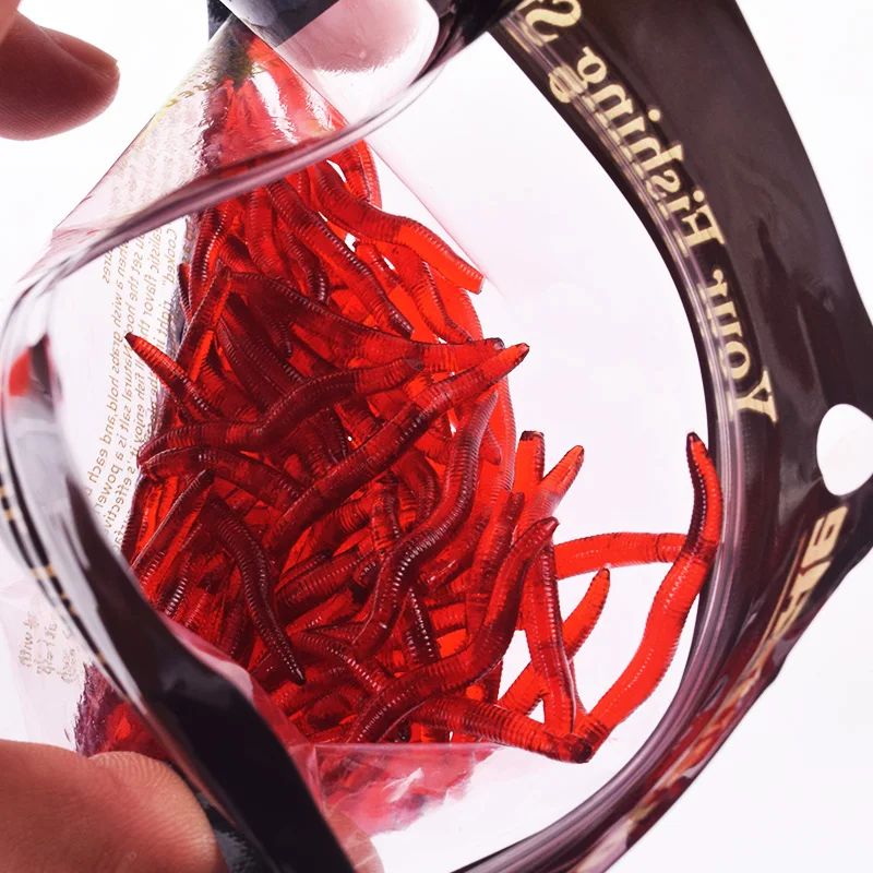 50 or 100 Pcs Shrimp Smell Additive Red Earthworm Soft Baits Silicone Red Worm Artificial Bait Bass Carp Trout Fishing Tackle