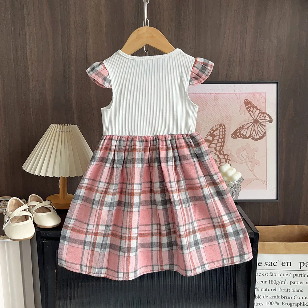 Korean Version Cute and Casual 3-7 Year Old Girl Round Neck Flying Sleeve Love Checkered Printed Dress