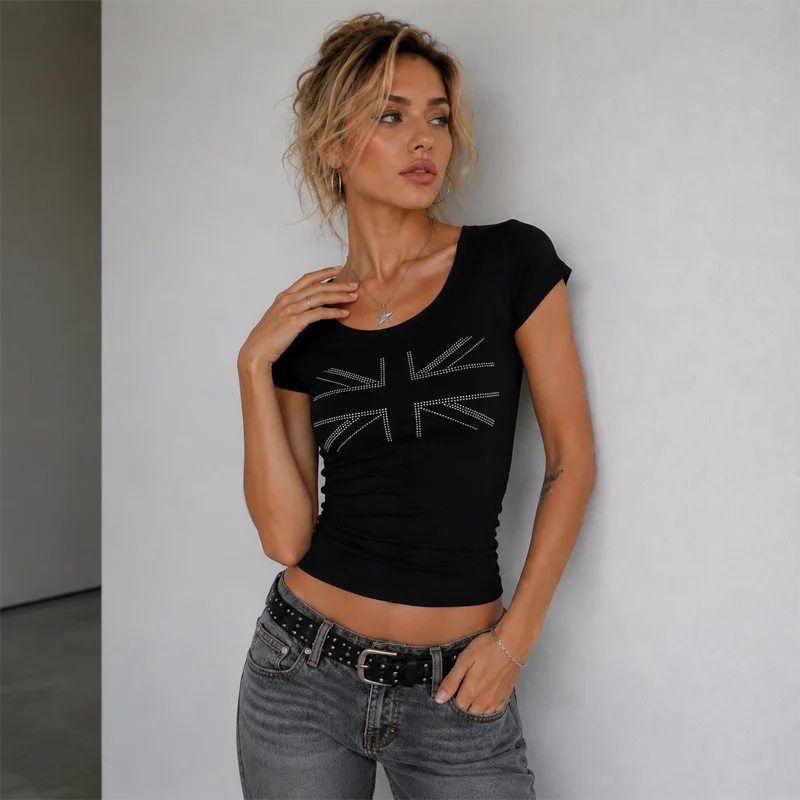 Y2K Women's Graphic T Shirt Rhinestone Union Jack Print Short Sleeve Fitted Casual Summer Streetwear Crop Top