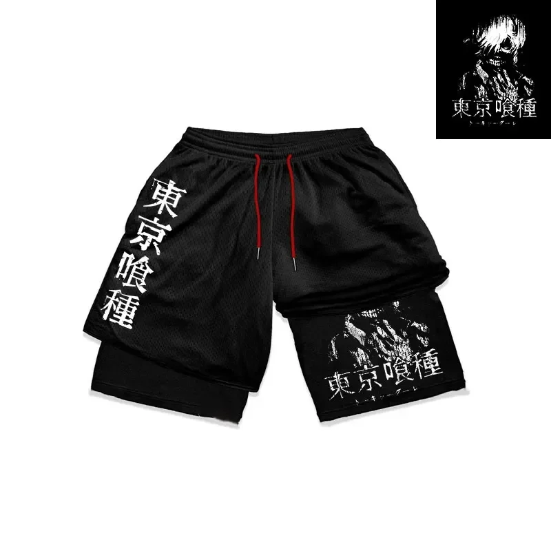 Anime Tokio Ghoul Gym Performance Shorts Männer 2 in 1 schnell trocknen Workout sportliche Shorts Sportswear Fitness Sport kurze Hosen schwarz