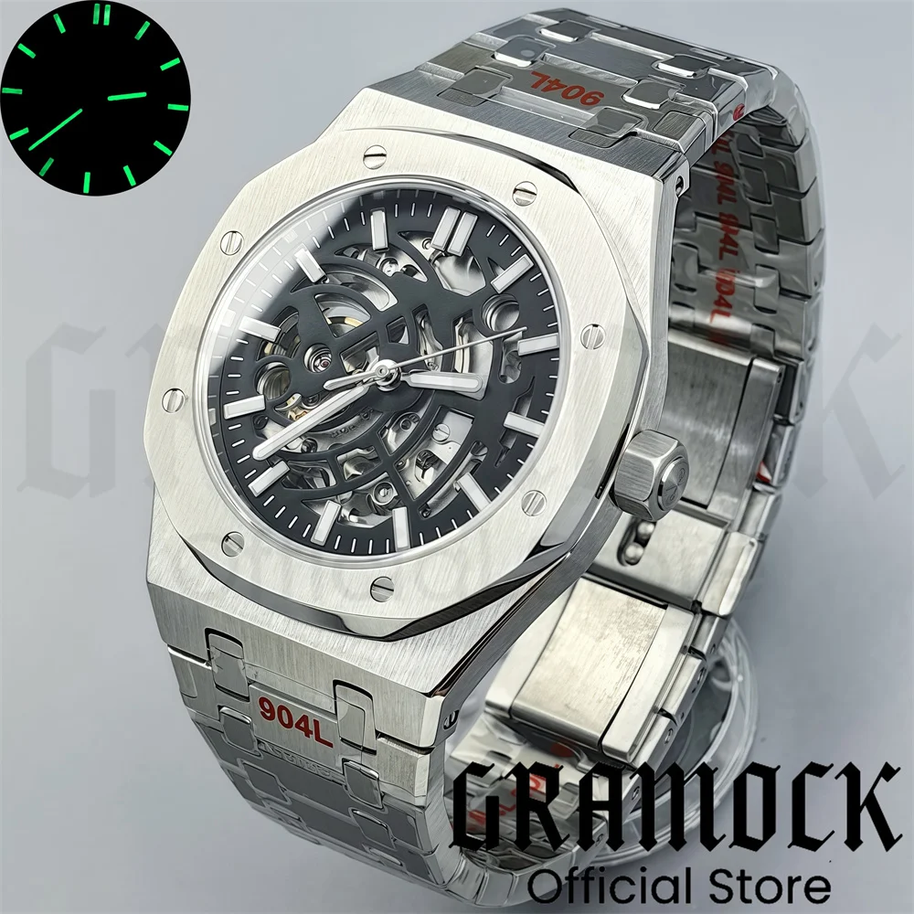 Gramock 41mm NH70 Watch Hollowed Out Dial Sapphire Crystal With Green Luminous NH70 Automatic Mechaninal Movement Waterproof