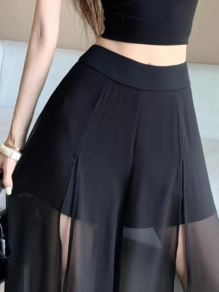 Women's Ice Silk Pants Mesh Patchwork Slit Wide Leg Pant Skirt  High-Waist Thin Floor Trousers Beach Vacation Party Clothes Lady