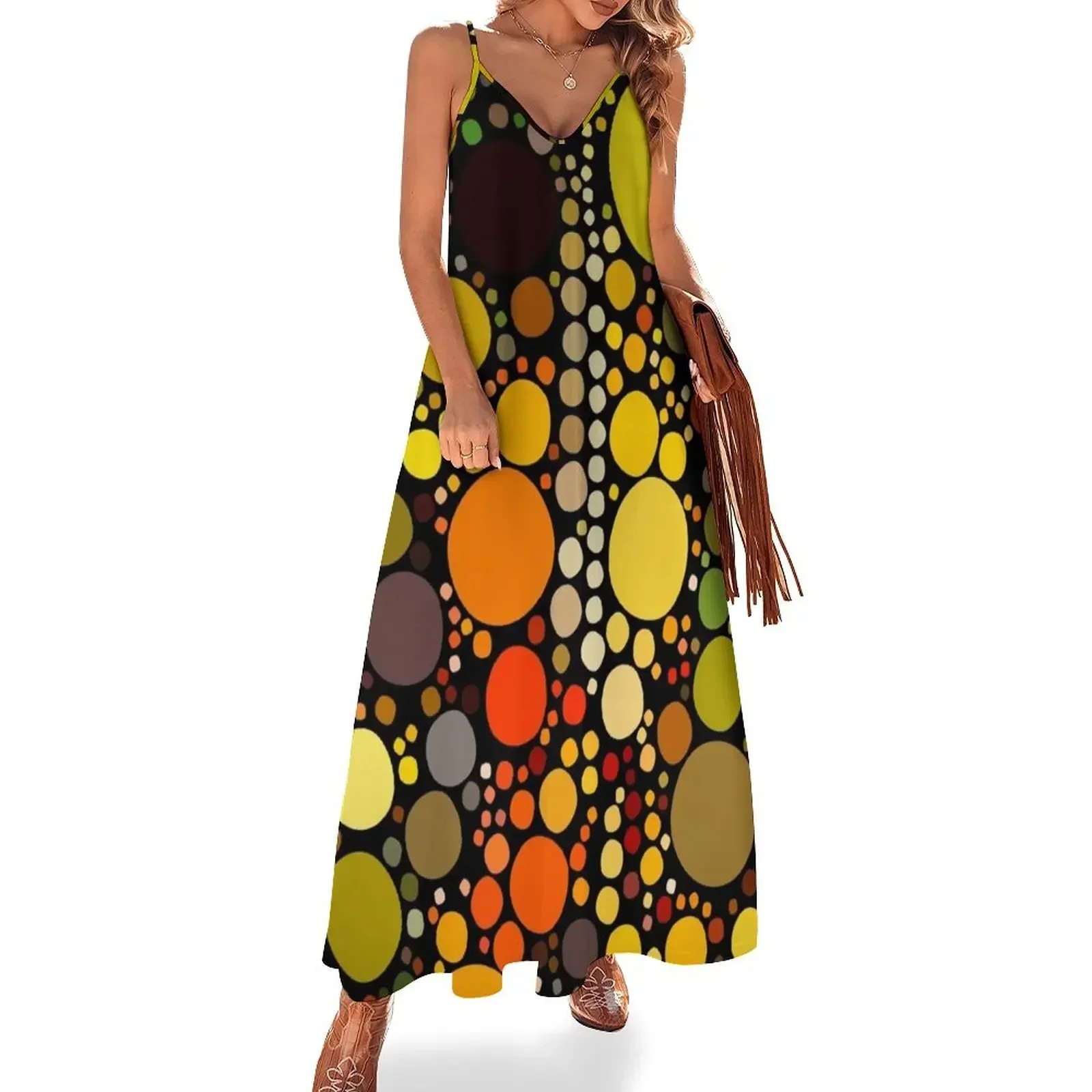 

hipster fashion autumn colors brown green orange circles Sleeveless Dress dresses for women 2024 Party dresses Dress