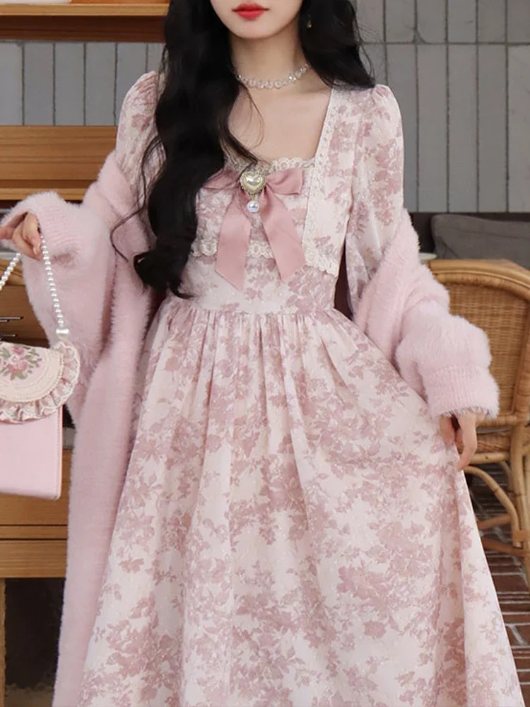 Abito da principessa rosa dolce abito Vintage con maniche a sbuffo con stampa floreale abito lungo con fiocco in pizzo Kawaii elegante stile francese femminile B79