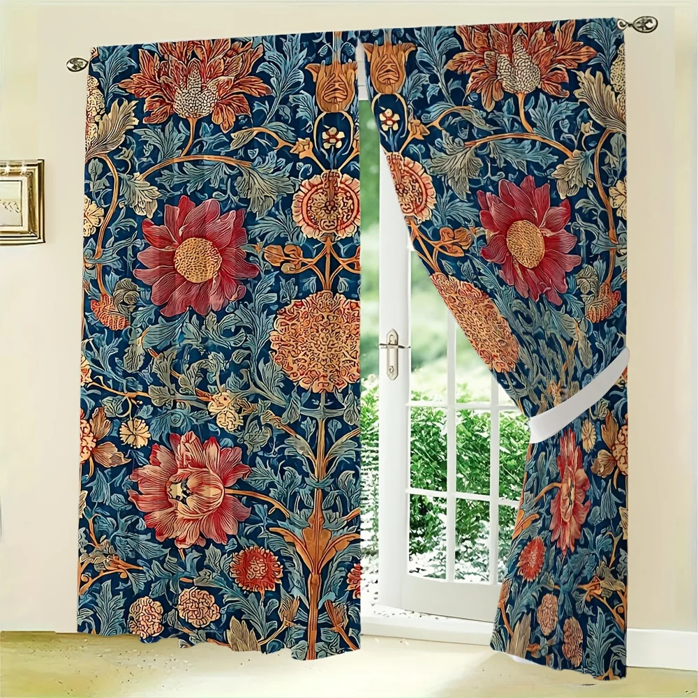 2pcs Ornamental Botanical Curtain No Rod — Indigo Blue Ground with Terracotta & Gold Scrollwork, Artistic Interpretation