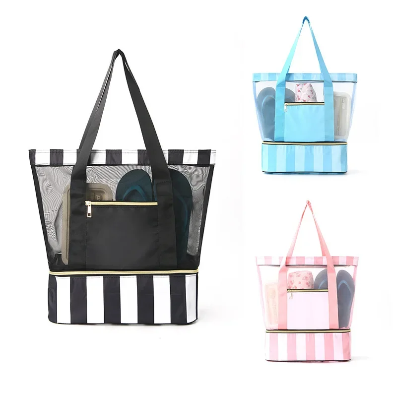 Striped Double-Layer Beach Bag Large Capacity Portable Swimming Bag Travel Wet and Dry Separation Swimming Storage Bag
