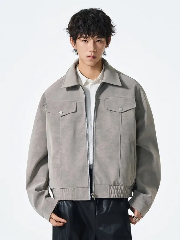 

Casual Leather Jaet for Men Spring Autumn Loose Fit Trendy Turn-down Collar Workwear Faionable Outerwear Polyester Fiber