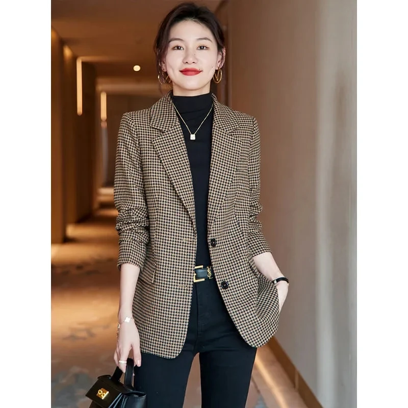 Fashion Houndstooth Suit Jacket Female 2022 Spring And Autumn New Temperament High-End Woolen Coat Brown Blazer With Belt 2063