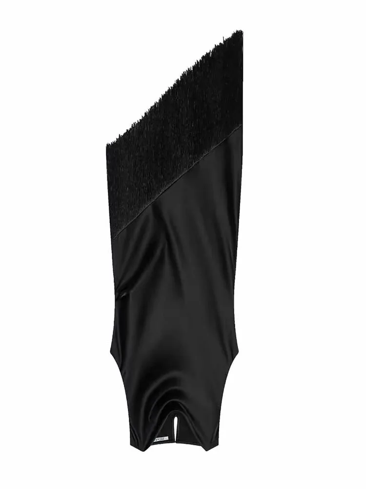 Hh nova mulher primavera moda sexy sem mangas seda cetim textura borla decoração bainha irregular longo topos feminino festa