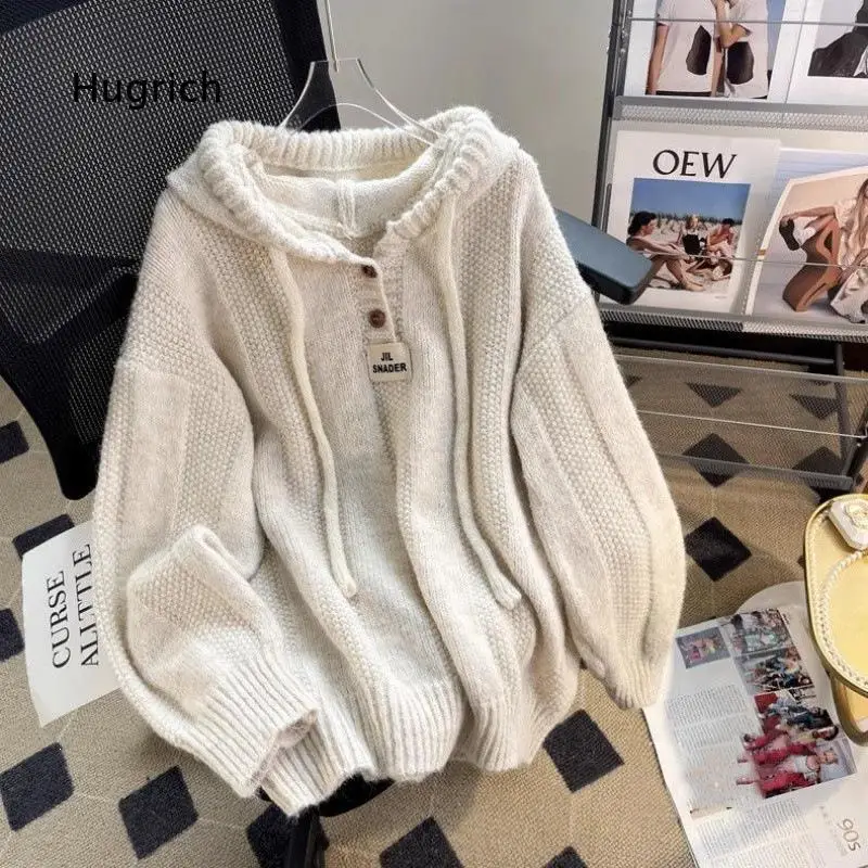 Women Korean Loose Lazy Style Hooded Knit Top Thick Soft Fabric Drawstring Design Warm Sweater Suitable For Autumn Winter Daily