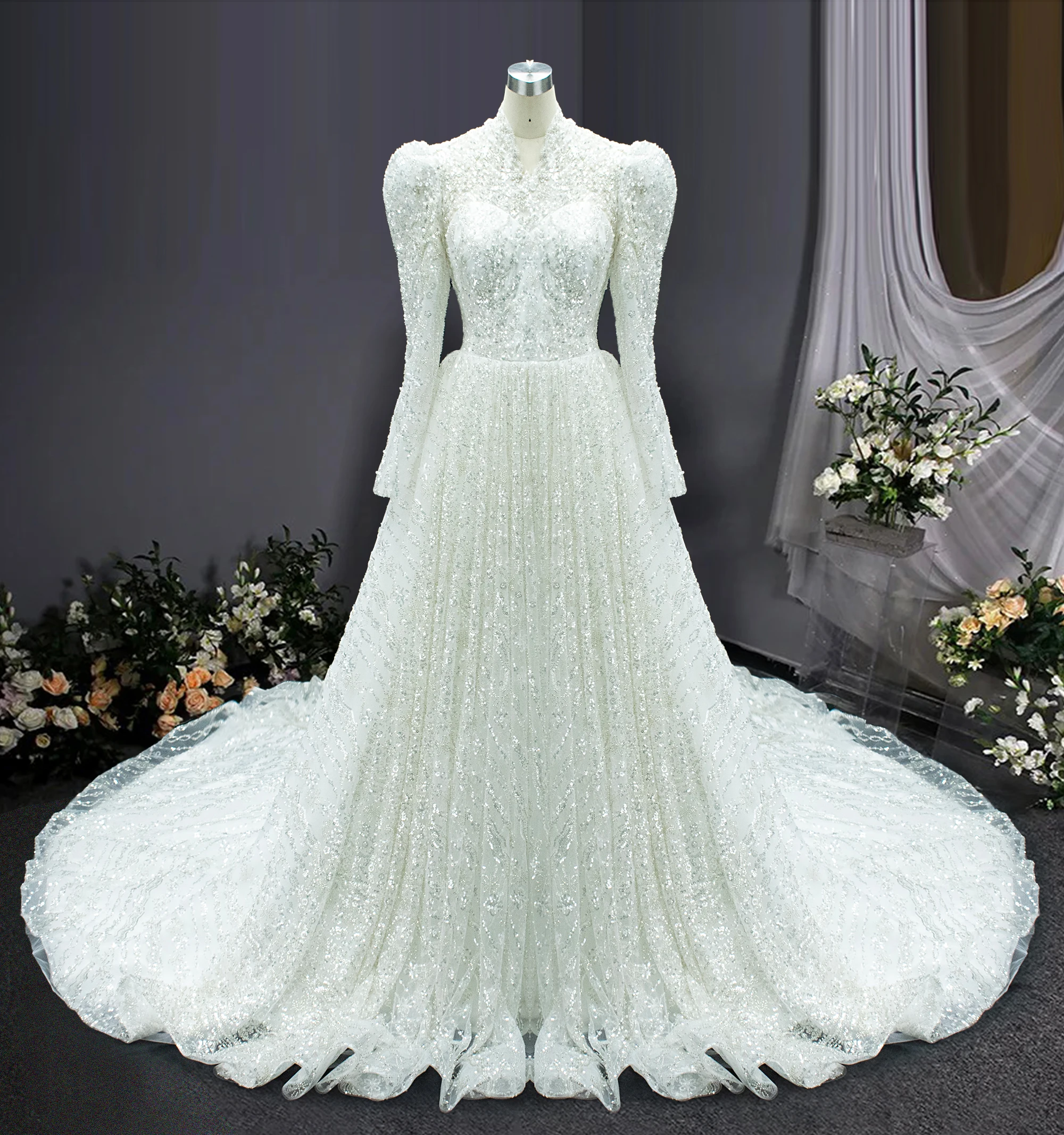 Luxury Ball Gown Wedding Dresses High Neck Paillette Lace Long Sleeve Bridal Gown Court Train Vestido De Noiva Customized