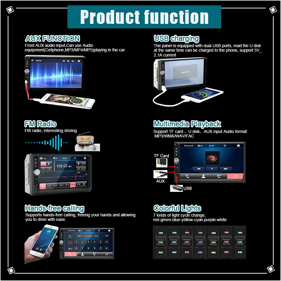 2 din راديو السيارة 7 "HD شاشة تعمل باللمس Autoradio مشغل وسائط متعددة العالمي سيارة ستيريو مشغل MP5 BT FM Carplay أندرويد كاميرا السيارات #3