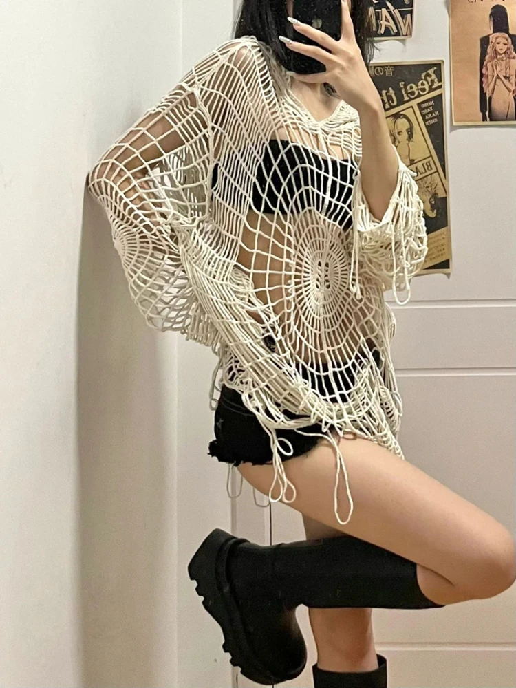 ADAgirl Y2k Spider Web Hollow Out Sweaters Hole Crochet Knit Top Punk Grunge E-Girl Pullover Hoohed Streetwear Goth Mesh Clothes