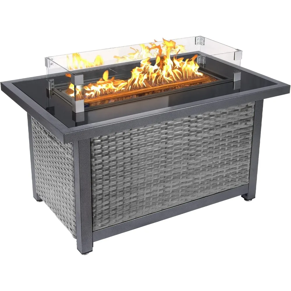 Gas Fire Pit Table 44-inch with Wind Guard, Tempered Glass Tabletop and Glass Beads, Outdoor Fire Pit