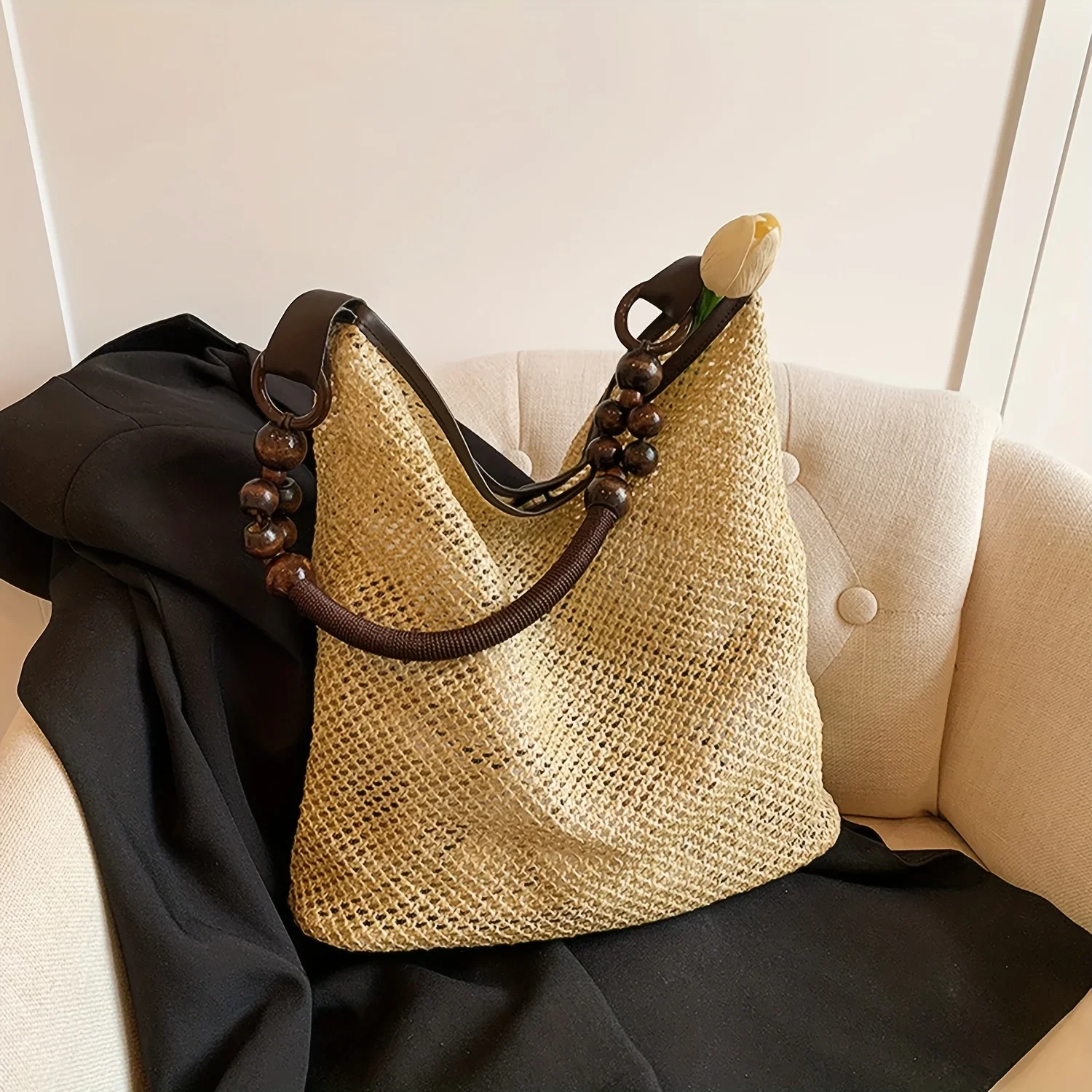 1/2PCS Purse Handles Rustic Bag Handles U-Shape Replacement Handbag Handle Wooden Beaded Purse Strap for DIY Crochet Bag Making