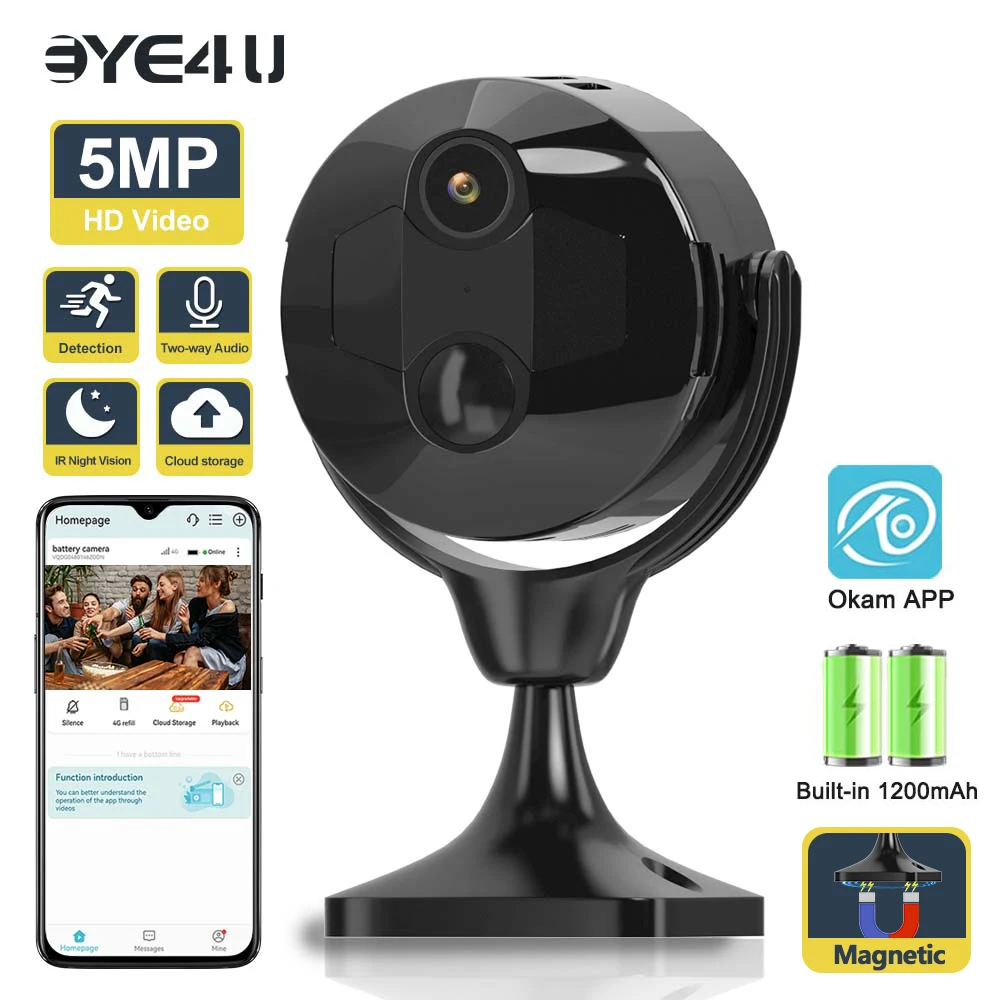 

5MP Mini Battery Camera Indoor 130° Wide Angle Security Cam WiFi PIR Human Detection Magnetic Bracket Video Surveillance Cameras